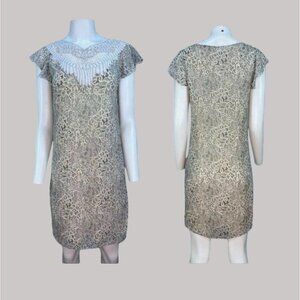 Badgley Mischka Shift Dress Womens Size 8 Beige Floral Lace Flutter Crochet